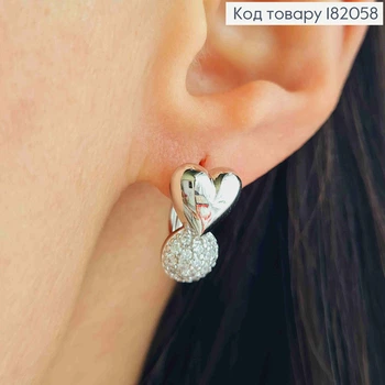 Серьги родованные "Сердце" с Блестящими камушками, 1,6см, английская застежка, Xuping