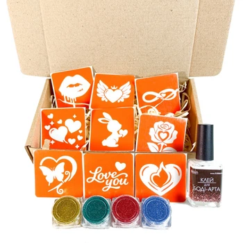 Набор для био-тату "Love Story #2 - глиттер" Fresh Tattoo set-love-story-2-glitter 9 трафаретов