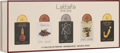 Zestaw wód perfumowanych unisex Lattafa Pride Tharwa Silver 20 ml + Eternal Oud 20 ml + Ishq Al Shuyukh Gold 20 ml + Natural Oud 20 ml + Artisan Ethnique 20 ml (6290362348078)