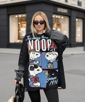 Лонгслив рванка котоновый с снупи оверсайз onesize черный с мультяшным принтом snoopy