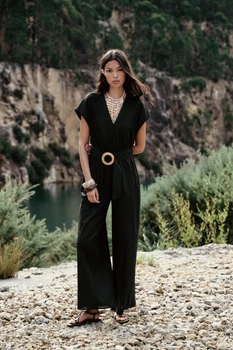 Довгий комбінезон з льону з поясом Zara 8570/389 S Чорний (08570389800S)