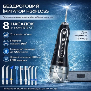 Портативний Іригатор для порожнини рота H2Ofloss на 300 мл з 5 режимами та 8 насадками для брекетів та щоденної чистики, водонепроникність IPX7, чорний