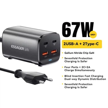 Мережевий зарядний пристрій Essager Desktop GaN Fast Charger QC4.0+PD3.0 67W 2 USB + 2 Type-C Black (ECT2ACJYB0GZ)