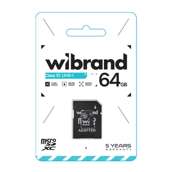 Карта MicroSDHC Wibrand пам'ять 64gb UHS-1 10 Class з адаптером Чорний