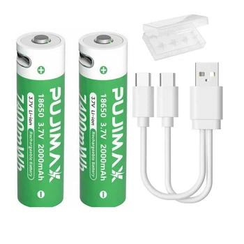 Аккумуляторы 18650 с USB TYPE-C Pujimax 7400mWh 3.7V (2 шт + кабель + кейс) (16236-2)