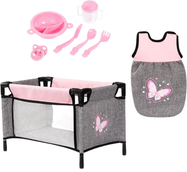 Люлька Bayer Design для ляльок зі спальником та аксесуарами Рожево-сіре 61733AE (4003336421316)