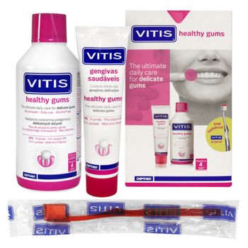НАБОР VITIS HEALTHY GUMS: зубная паста 100 мл + ополаскиватель 500 мл + в подарок щетка V.GINGIVAL
