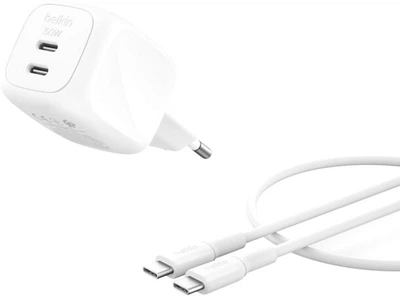 Зарядний пристрій Belkin 50Вт 2хUSB-С GAN PD PPS, кабель USB-С > USB-C, 1м Білий (WCH019KQ1MWH-B6)