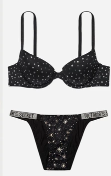 Комплект Victoria’s Secret(бюстгальтер+трусики бікіні)без push up,на кісточках .чорний з сріблястим 34С-S