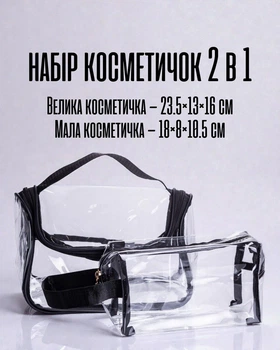 Набор прозрачных косметичек 2 в 1 / дорожные водонепроницаемые органайзеры из ПВХ для косметики аксессуаров и средств гигиены с текстильной ручкой, черный