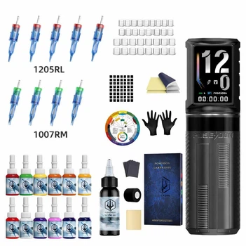 POSEIDON HM163 Wireless Tattoo Machine Kit — Професійна бездротова тату-ручка з LED дисплеєм, картриджами, фарбами та аксесуарами, Тату набір