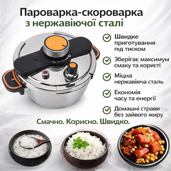 Пароварка-скороварка электрическая AND 20687-1 из нержавеющей стали 220В для быстрого приготовления блюд под давлением Серая