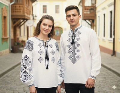 Парні вишиванки жіноча і чоловіча білі з чорною вишивкою 2XL