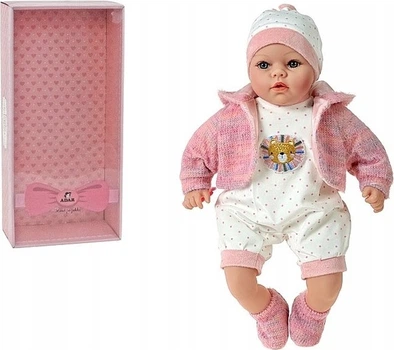 Lalka bobas Adar w różowym stroju w kropke mówi i śpiewa po polsku 45 cm 62967 (5901271629677)