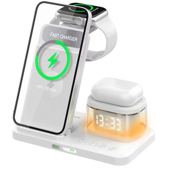 Dock Charging Station 5 in 1 with Alarm Clock & Nightlight (White), Білий