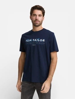 Футболка хлопковая длинная мужская Tom Tailor 1050136-10668 S Sky Captain Blue с принтом (4069403121121)