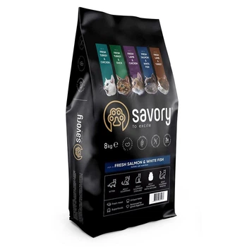 Корм сухий Savory Adult Cat Gourmand Fresh Salmon and White Fish для довгошерстих котів зі свіжим лососем і білою рибою 8 кг