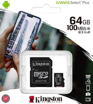 Карта памяти Kingston Canvas Plus 64 gb class 10 micro sd + адаптер
