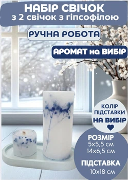 Набір декоративних свічок ручної роботи свічки ароматичні в наборі з 2 шт на овальній підставці з гілочками блакитної гіпсофіли