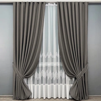 Комплект штор VR-Textil рогожка премиум TERRA LUXE 200х270 2шт и Тюль 600х270 1856ш-1704т Темно-серый с белым 71-110/7