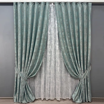 Комплект штор VR-Textil Жакард Мармур 150х270 2шт і Тюль 600х270 1148ш-1400т Бірюзово-сірий з білим 71-118/5