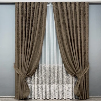 Комплект штор VR-Textil Жаккард Мрамор 100х270 2шт и Тюль 300х270 1203ш-1668т Коричневый с белым 71-119/1