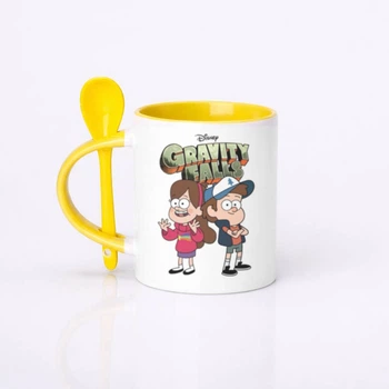 Чашка керамическая с ложкой глянцевая Gravity falls Гравити фолз 330 мл (ГФ10360)
