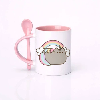 Чашка керамическая с ложкой глянцевая Pusheen Пушин 330 мл (ПУ10350)