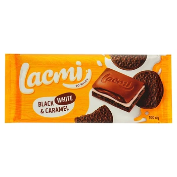 Упаковка шоколаду Roshen Lacmi Black White & Caramel з печивом 100 г х 12 шт