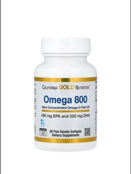 Омега 800 Рыбий жир California GOLD Nutrition "Omega 800" жирные кислоты фармацевтической степени чистоты в форме триглицеридов, 80% ЭПК / ДГК, 1000 мг (30 желатиновых капсул)