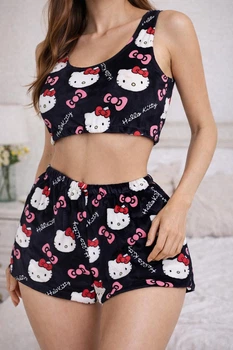 Жіночий піжамний набір Hello Kitty — топ і шорти з м’якого велюру, чорного кольору, розмір M