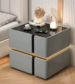 Смарт-тумба из экокожи с LED-подсветкой, USB, датчиком движения, беспроводной зарядкой и Bluetooth, серая