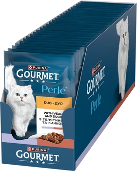 Упаковка влажного корма для котов Purina Gourmet Perle Duo с телятиной и уткой мини филе в подливке 26 шт по 85 г (7613287602015 / 8445291187726)