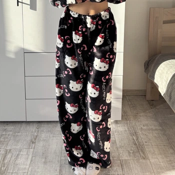 Плюшеві піжамні штани Hello Kitty в чорному кольорі — Теплі жіночі домашні брюки з флісу, чорні штани для сну та відпочинку в стилі Y2K S