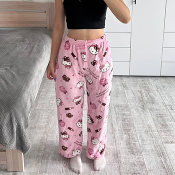 Плюшеві піжамні штани Hello Kitty в рожевому кольорі з помадами— Теплі жіночі домашні брюки з флісу,рожеві штани для сну та відпочинку в стилі Y2K XL