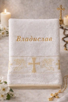 Крижма іменна для хрещення Владислав біла махрова з вишивкою
