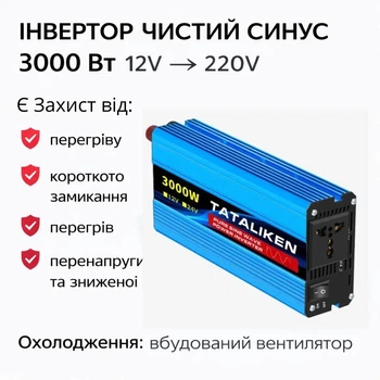Інвертор Tataliken 3000W, 12V, 220V 50Hz чиста синусоїда (розетка EU) для котла, холодильника