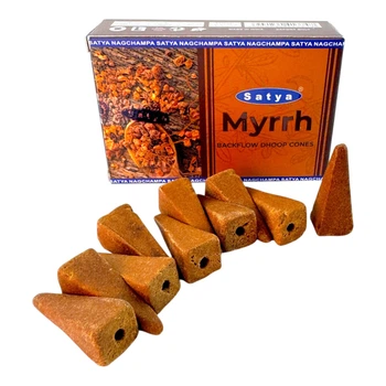 Пыльцевые благовония арома-конусы с обратным потоком - Myrrh Backflow Dhoop Cones, Масала Satya (Мирра)