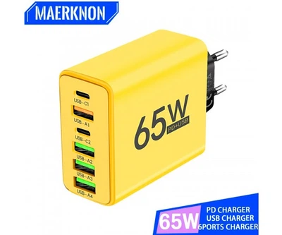 Сетевое зарядное устройство Блок питания для телефона Maerknon 65W 4 USB + 2 Type-C Быстрая зарядка PD+QC3.0 Блок зарядки для Samsung, IPhone, Xiaomi, Redmi, Huawei, Realme 682 Yellow