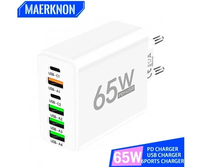 Сетевое зарядное устройство Блок питания для телефона Maerknon 65W 4 USB + 2 Type-C Быстрая зарядка PD+QC3.0 Блок зарядки для Samsung, IPhone, Xiaomi, Redmi, Huawei, Realme 682 White