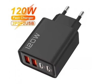 Мережевий зарядний пристрій Блок живлення для телефону Maerknon 120W 2 USB A + 2 USB Type-C Швидке заряджання PD+QC3.0 Блок заряджання для Samsung, IPhone, Xiaomi, Redmi, Huawei, Realme 679 Black