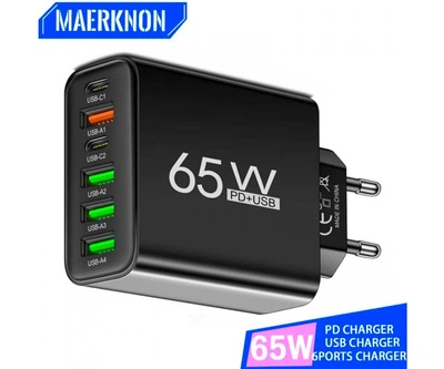 Сетевое зарядное устройство Блок питания для телефона Maerknon 65W 4 USB + 2 Type-C Быстрая зарядка PD+QC3.0 Блок зарядки для Samsung, IPhone, Xiaomi, Redmi, Huawei, Realme 682 Black