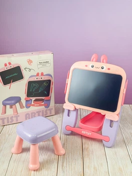 Мольберт детский развивающий, доска и стульчик, LCD дисплей (розовый)