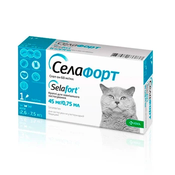 Селафорт спот-он, 45 мг/0,75 мл, краплі для котів вагою 2,6 - 7,5 кг Krka