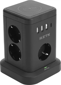 Універсальний мережевий подовжувач RZTK Tower Wireless + 3 USB-A + 1 USB-C Black (TWB7) 1.8 м