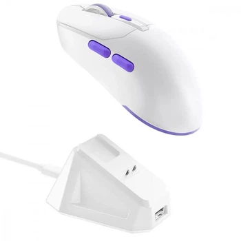 Бездротова ігрова миша Proove Gaming Rate Pro White-purple з зарядною станцією, PAW3395, 26000DPI, 500mAh, 2.4GHz/Bluetooth/USB