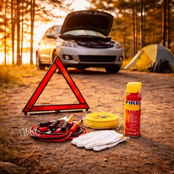 Автомобильный аварийный набор Car Emergency Kit в сумке, комплект безопасности в автомобиле с огнетушителем, буксировочным тросом и стартовыми кабелями, универсальные дорожные аксессуары для экстренных ситуаций и ДТП, XL-1543