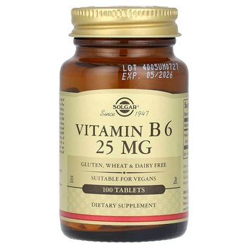 Вітамін В6, SOLGAR "Vitamin B-6" піридоксин, 25 мг (100 таблеток)