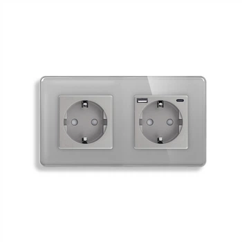 Двойная розетка ELIOS с USB A+C 20Вт, с заземлением, шторки, серая, стеклянная рамка, 250В, 16А (246640796)