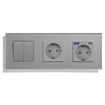 Перехресний 2-клавішний вимикач з розеткою та розеткою з USB A+C 20Вт, заземлення, LUXION сірий скло